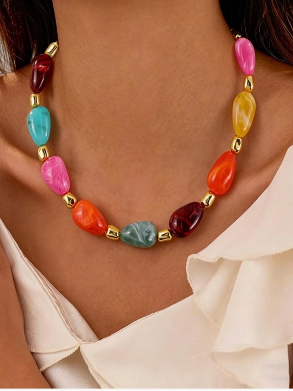 Anthropologie Bold Multicolor Beaded Necklace with Gold Accents - Picture 4 of 7